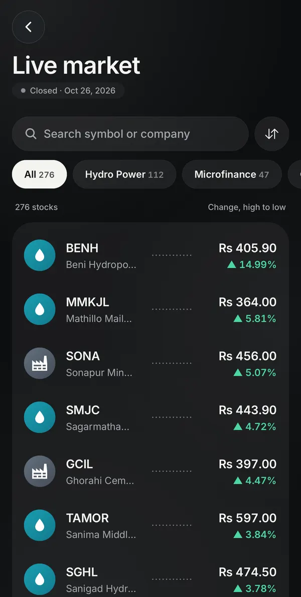 The Live market screen in the Punji app: NEPSE stocks by sector with price and change, sample data