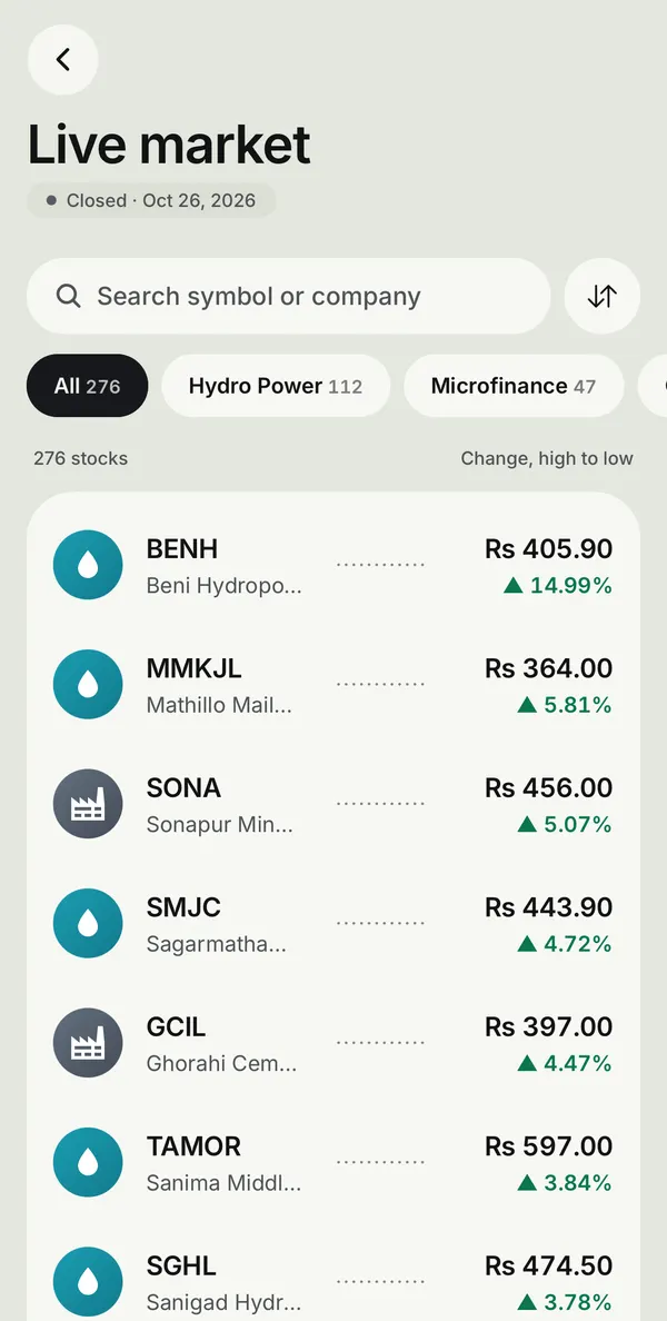 The Live market screen in the Punji app: NEPSE stocks by sector with price and change, sample data